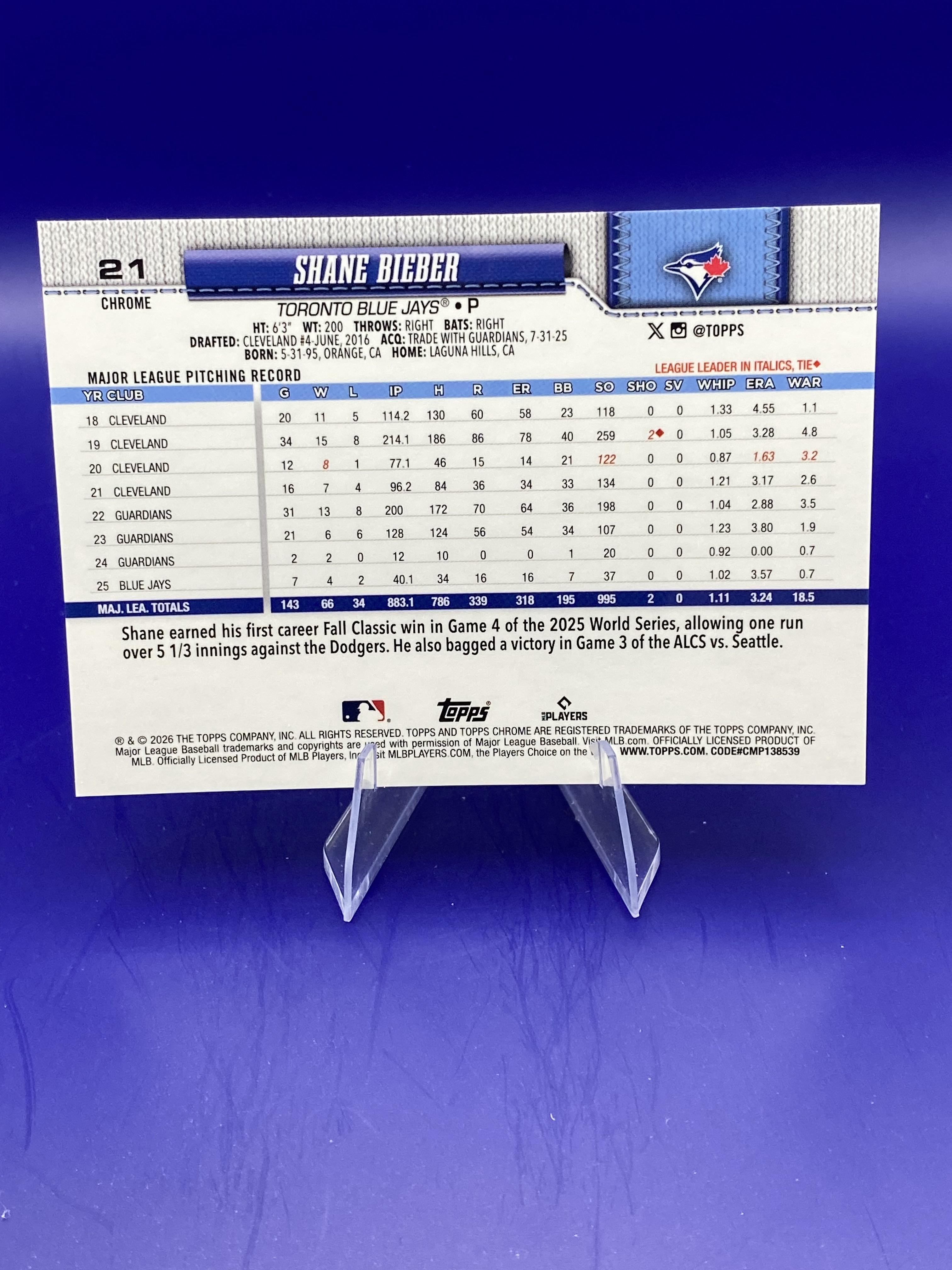 2026 Topps Chrome #21 Shane Bieber Gold Raywave Refractors #/50