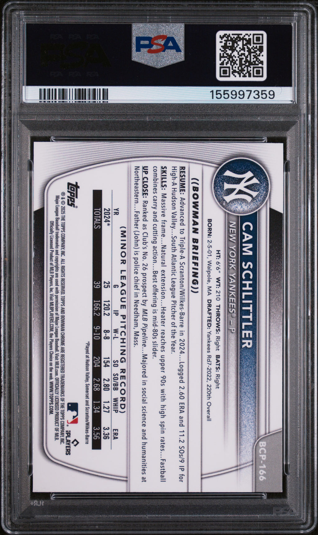2025 Bowman Chrome #BCP-166 Cam Schlittler Prospects Mojo PSA 9